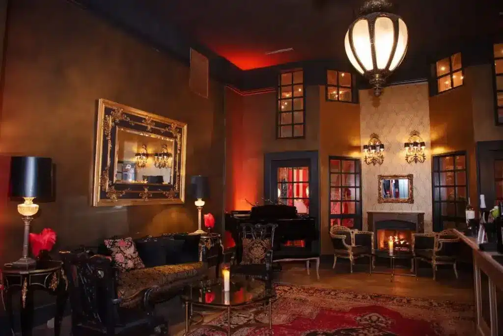 Fireside lounge at The Ruins set for a holiday party in Seattle