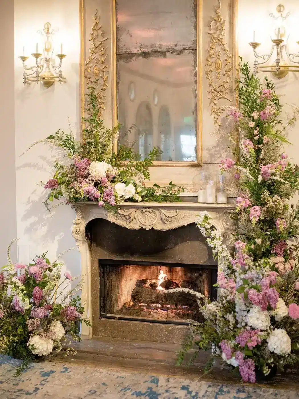 Fireplace mantel floral arrangement by Flora & Fern at The Ruins