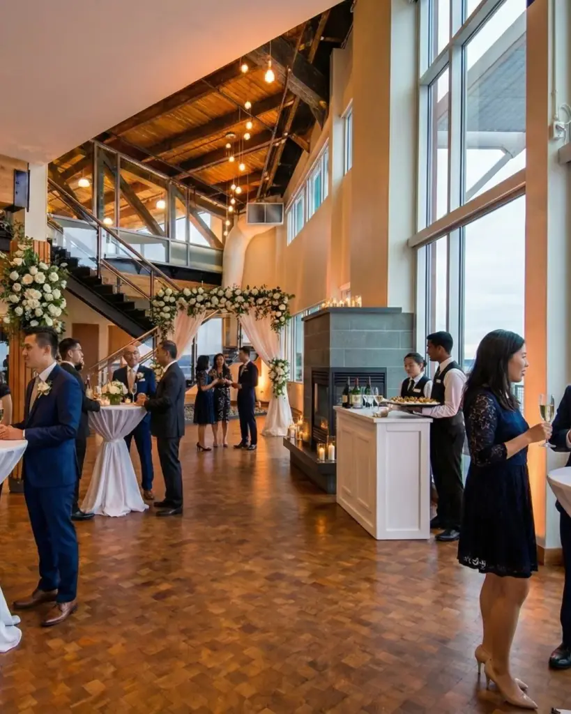 Guests at an evening reception in The Point at Pier 70, with floor-to-ceiling windows over Elliott Bay