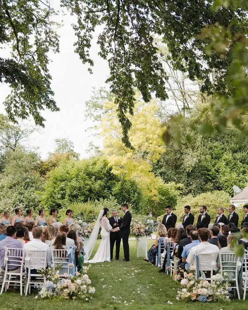An outdoor wedding ceremony in the garden at Fox Hollow Farm, Issaquah