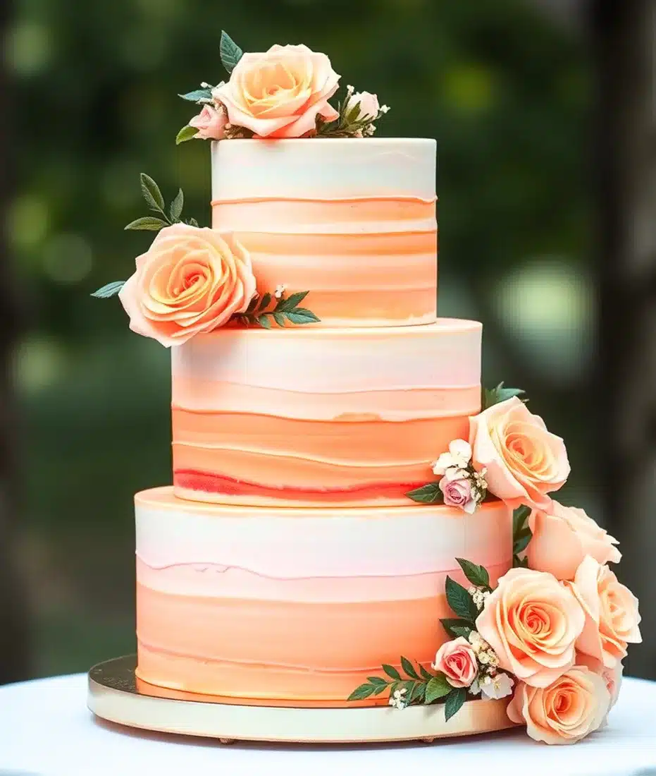 A three-tier Velvet Crumb cake with watercolor buttercream and peach sugar roses