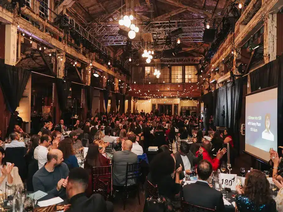 A packed company dinner in the SoDo Park hall