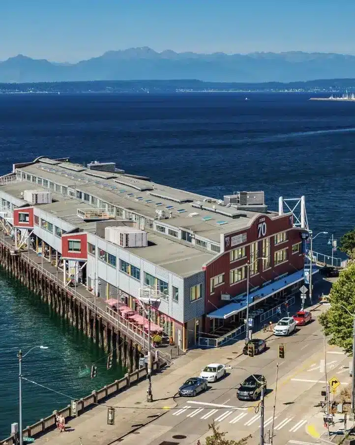 The Point at Pier 70 on the Seattle waterfront with the Olympic Mountains across Elliott Bay