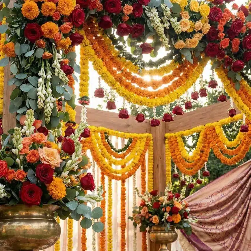 Marigold and rose mandap for an Indian wedding in Seattle, florals by Flora & Fern
